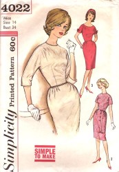 4022  SIMPLICITY 1960s SHEATH KIMONO SLEEVE DRESS PATTERN JR 11 31.5''; 14 34''B or 16 36B  CHOICE